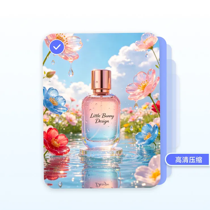 高清图片压缩功能展示:鲜花与水面环绕的粉蓝渐变香水瓶