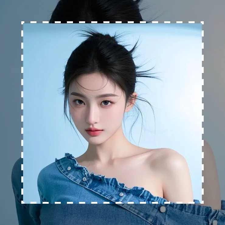 尺寸裁剪功能展示:蓝色背景女性人像的自定义尺寸裁剪框效果