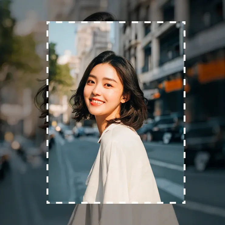 比例裁剪功能展示:街道白衣女性人像的固定比例裁剪框效果
