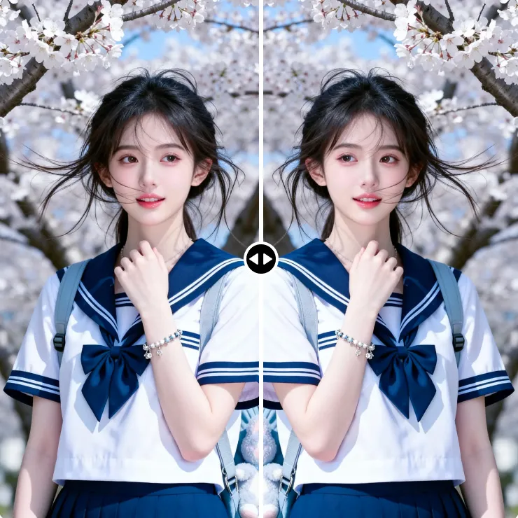 图片翻转功能展示:樱花树下女生人像水平翻转前后的镜像对比