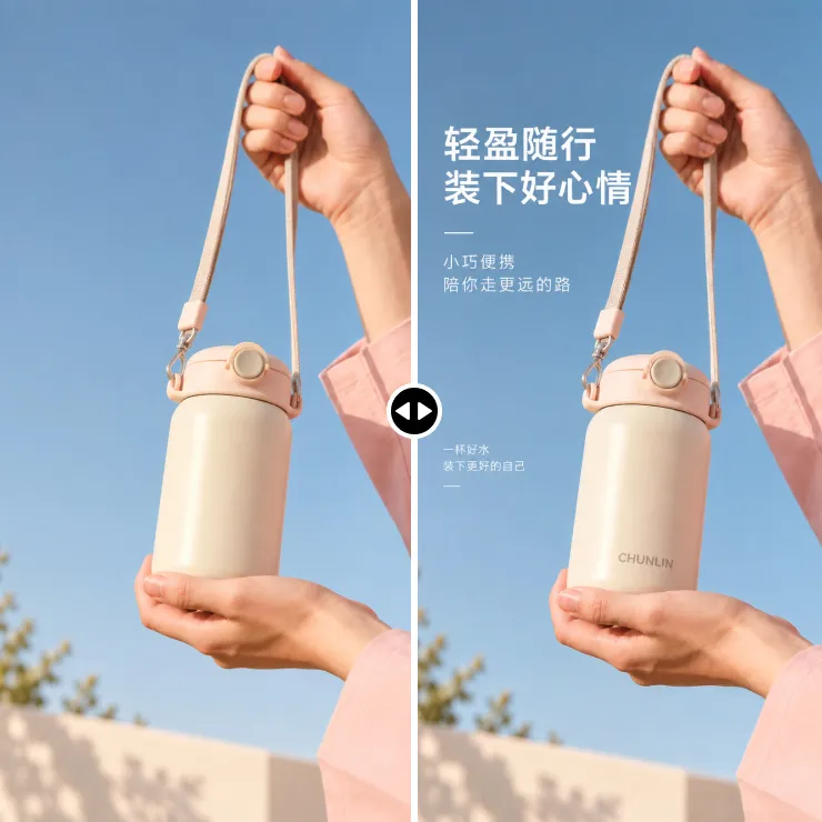 水杯产品图添加“轻盈随行,装下好心情”文字后的前后效果