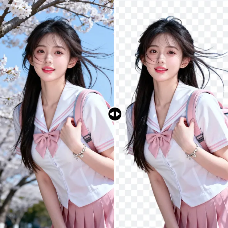 樱花背景中的女性从原图中抠出并生成透明背景的前后效果对比